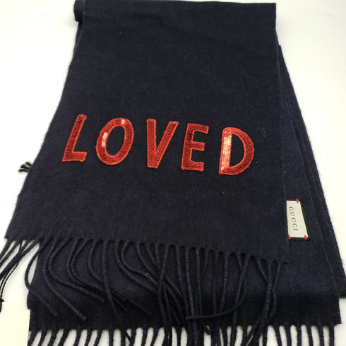 Gucci Scarf Navy Blue Red Sequin Loved Silk Cashmere Blend Fringe - New